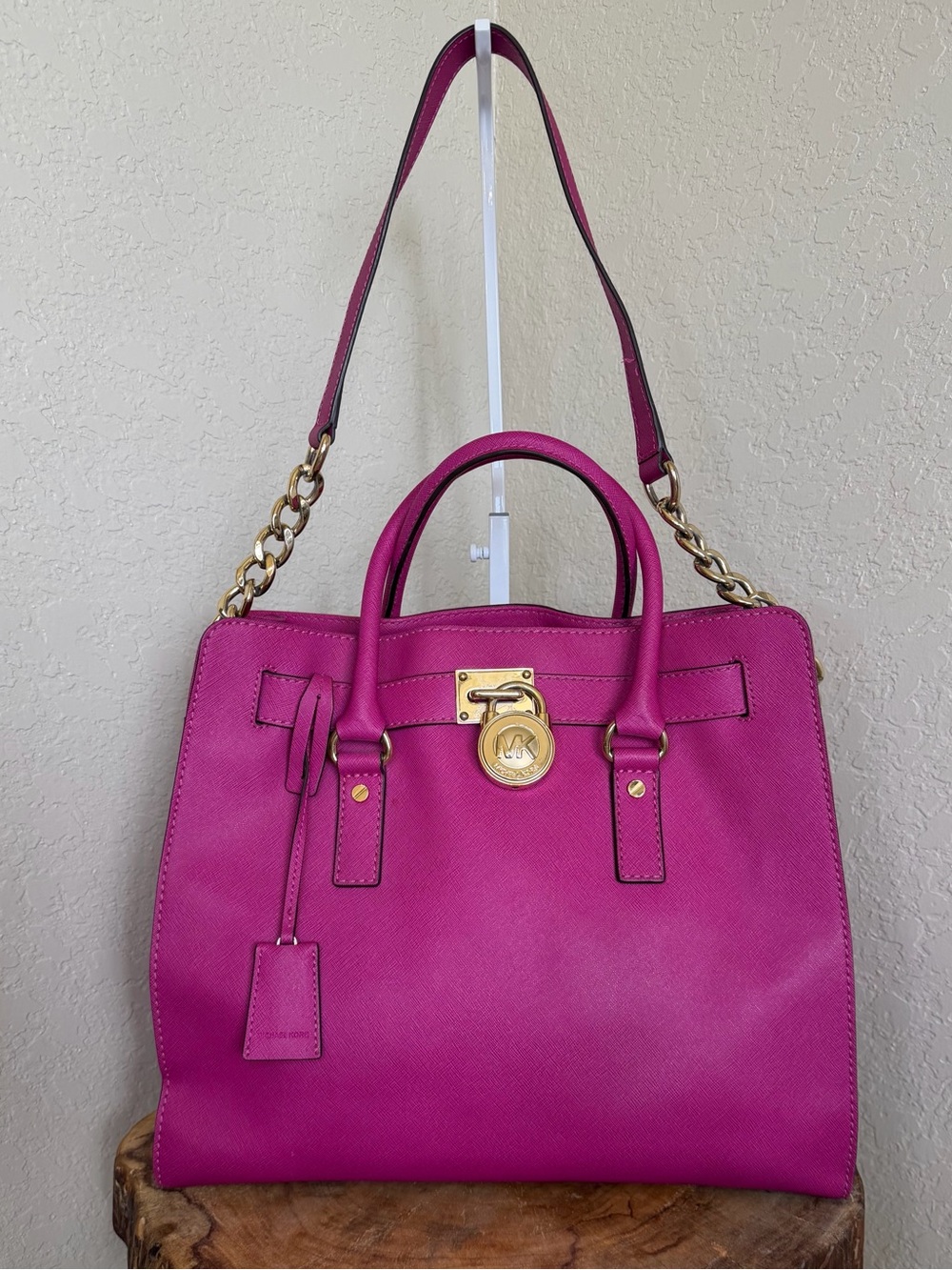 Large Michael Kors Hamilton Satchel Fuchsia Saffiano Leather Tote Crossbody